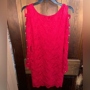 JUMP apparel, scoop neck, red lace dress, pearl accented open arm slits
